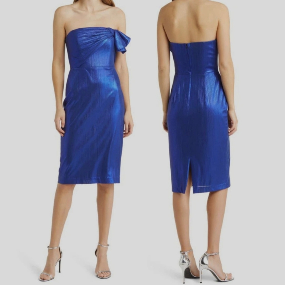 NWT Black Halo Women's Blue Divina Strapless Jacquard Sheath Dress Size 8 $460